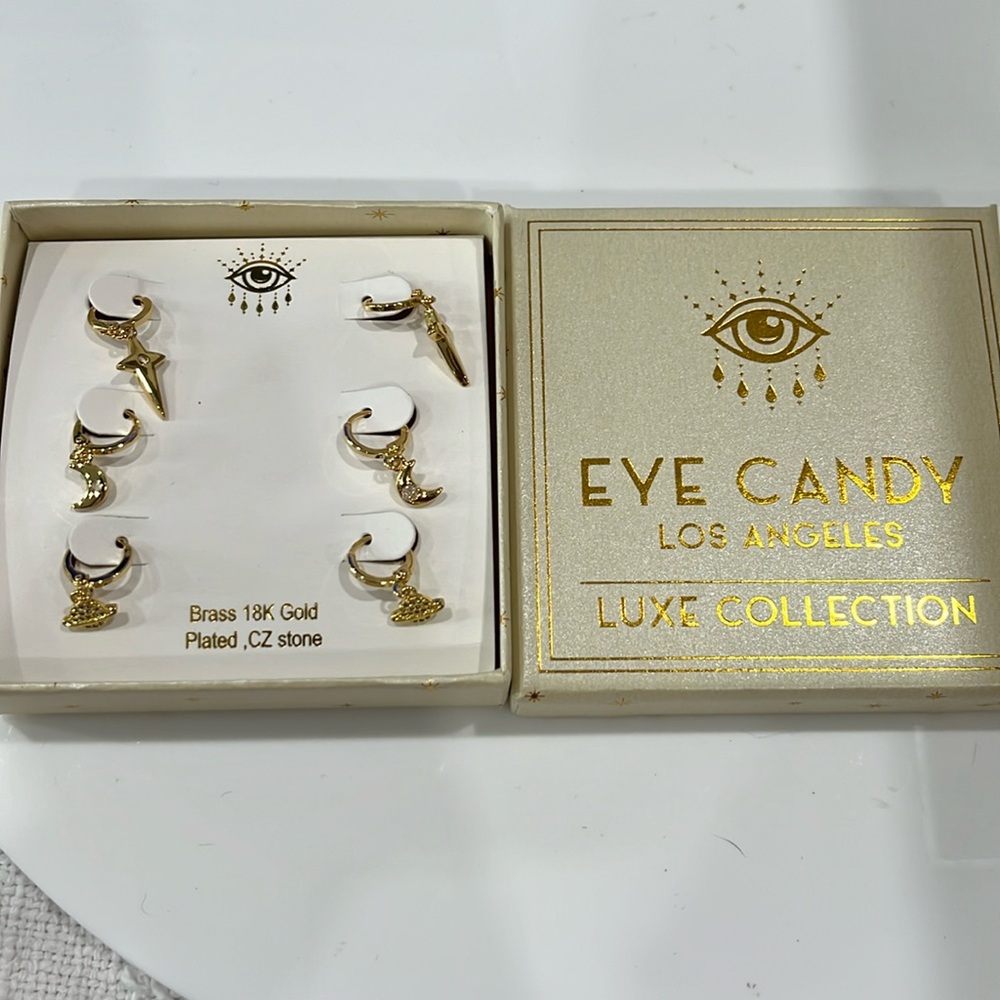 16. EYE CANDY LOS ANGELES LUXE COLLECTION EAR HUGGIE 3 PIECE SET CELESTIAL 18KT